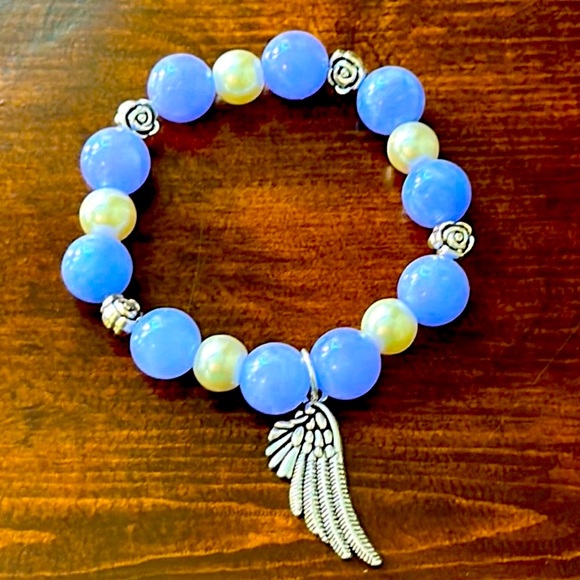Handmade Natural Stone Angel Wing Charm Bracelet with Natural Angelite Stones! - Picture 1 of 3